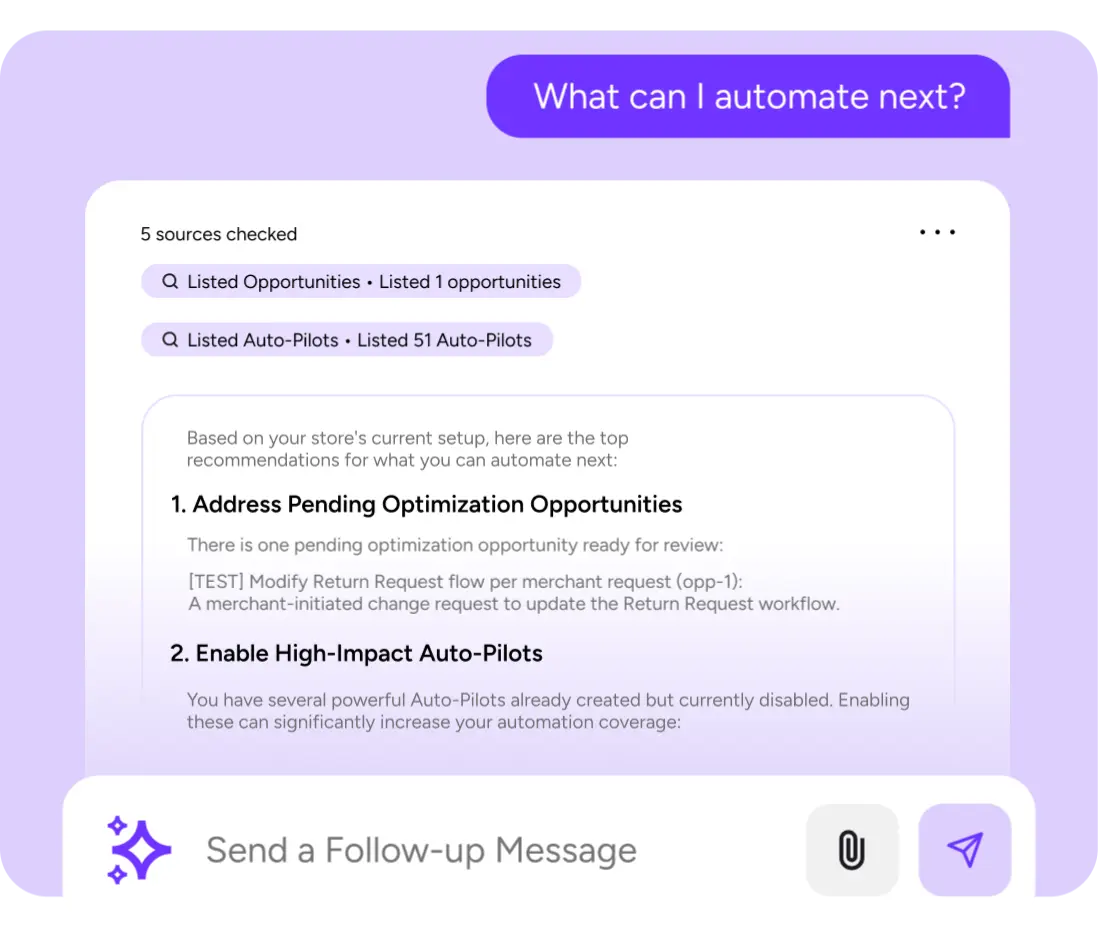Ask Yuma interface listing automation opportunities and a suggested follow-up message