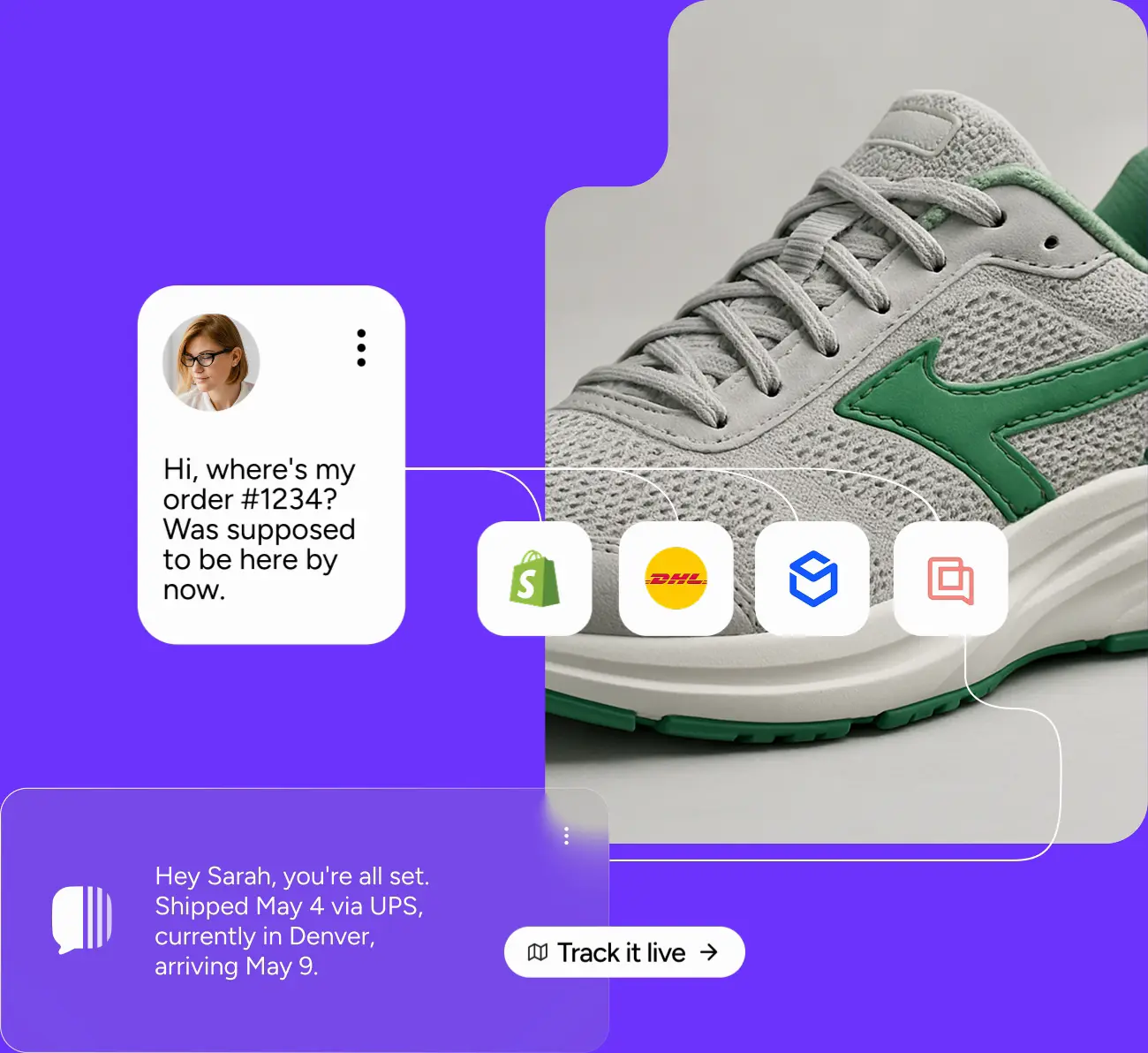 Yuma AI answering a delayed order question with live Shopify, DHL, and helpdesk data